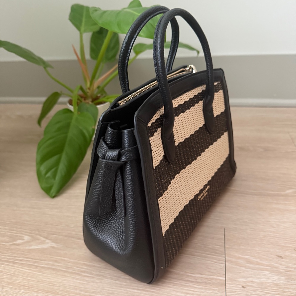 kate spade Knott Striped Straw & Leather Medium Satchel Bag — Black/Cream - Picture 4 of 4